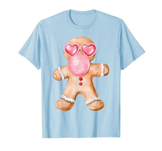 Gingerbread Blowing Bubble Gum Pink Sunglasses Christmas T-Shirt