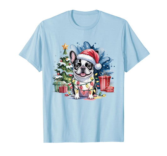 Cute Festive French Bulldog Christmas Santa Hat and Lights T-Shirt
