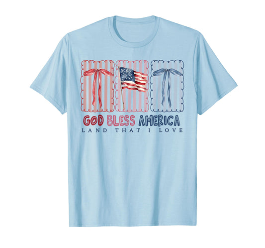 God Bless America Land That I Love Coquette Bow USA Flag T-Shirt