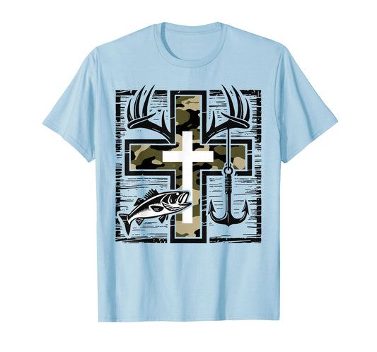 Faith Fishing Hunting Camo Cross with Hook Bass Christian T-Shirt