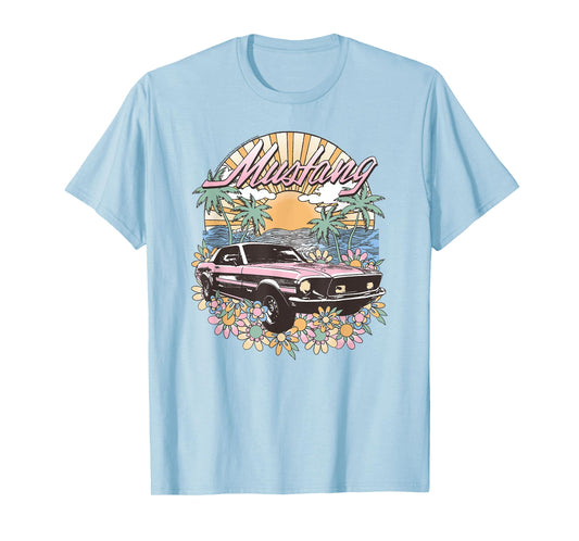 Ford - Vintage Pink Mustang Floral Beach Sunset Palm Trees T-Shirt for Men Women Girls Kids