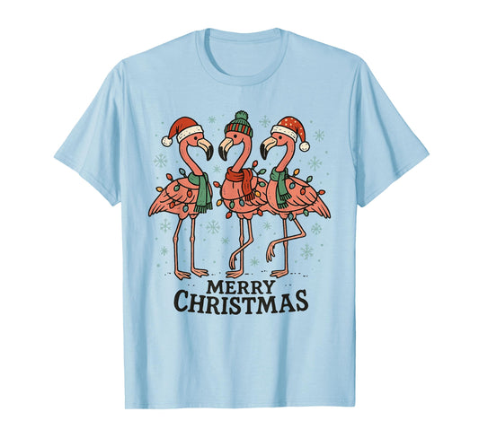 Merry Christmas Pink Flamingo Santa Hat Matching Family Xmas T-Shirt