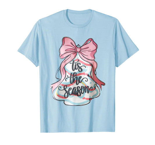 Funny Christmas Outfit for Men Women Kids Pink Christmas Tree Cake Coquette Bow Xmas Pajamas Funny T-Shirt