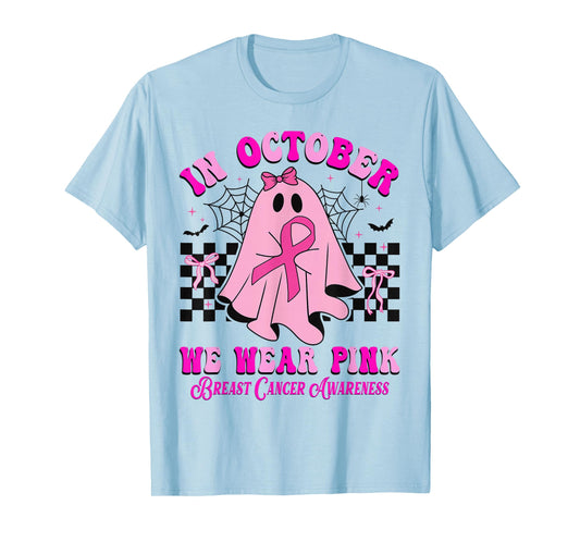In October We Wear Pink Ghost Halloween Breast Cancer Ribbon T-Shirt