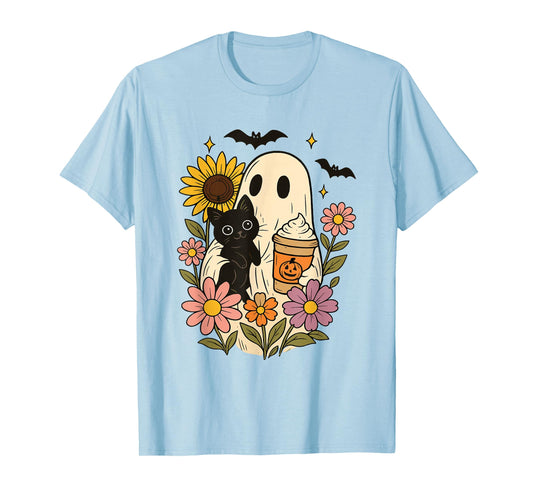 Floral Ghost Pumpkin Spice Halloween Ghost Holding Black Cat T-Shirt