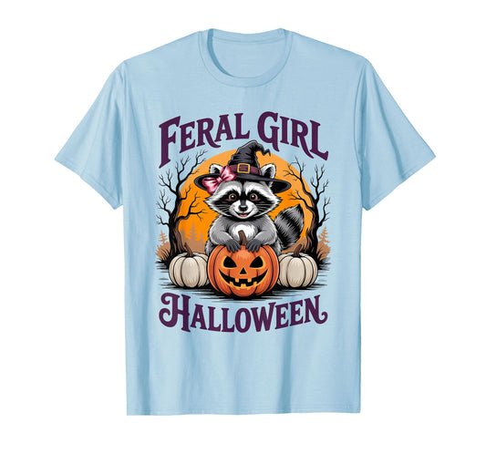 Feral Girl Halloween Funny Raccoon Pumpkin Witch Girl Women T-Shirt