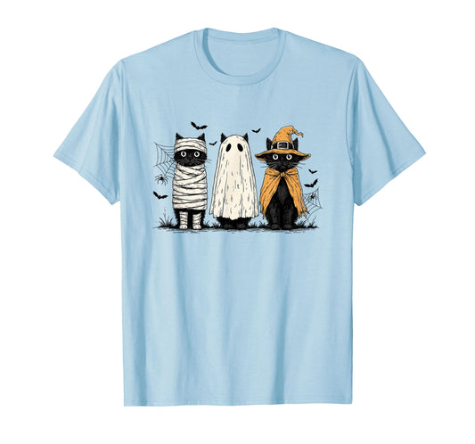 Cute Retro Three Black Cat Mummy Pumpkin Ghost Halloween T-Shirt