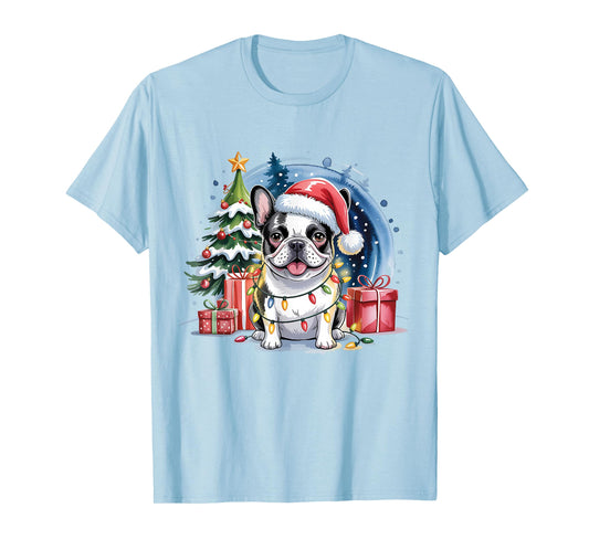 Festive French Bulldog Christmas Santa Hat and Lights T-Shirt