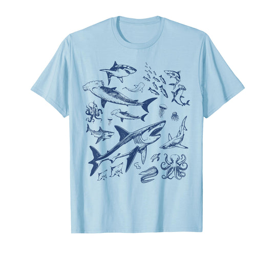 Retro Ocean Animal Wildlife Shark Fish Octopus Nature T-Shirt