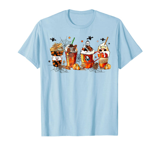 Vintage Halloween Horror Latte Coffee Cups Ghost Skeleton T-Shirt