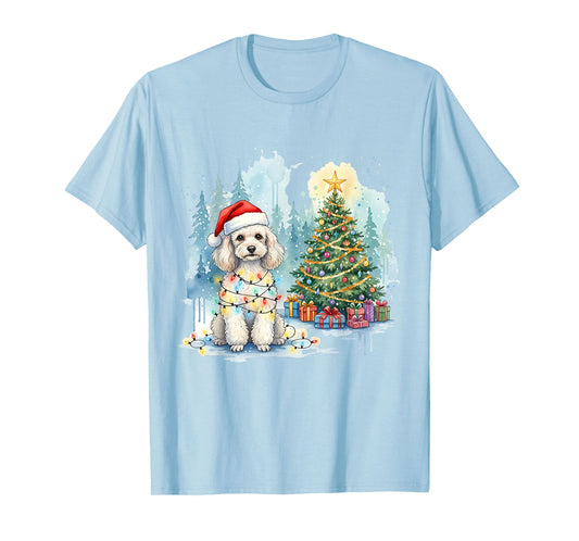 Festive Fluffy Poodle Christmas Santa Hat and Lights Winter T-Shirt