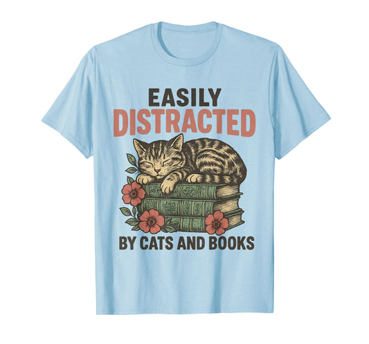 Easily Distracted By Cats and Books Funny Vintage T-Shirt