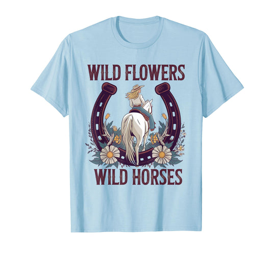 Retro Southern Sunset Cowgirl Wild Flowers - Wild Horses T-Shirt