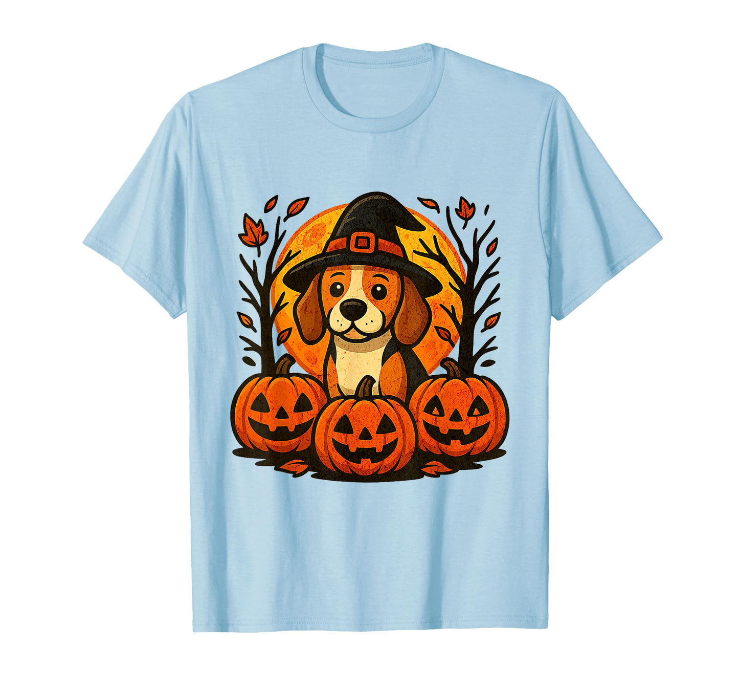 Halloween Cute Beagle Witch Hat Pumpkins Autumn Leaves T-Shirt