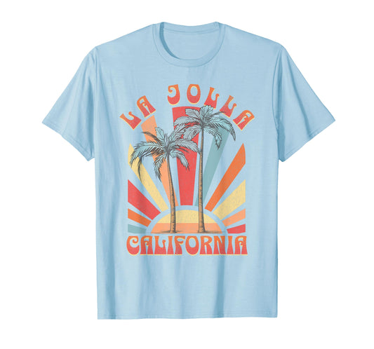 La Jolla Beach California Surfing Surf Ocean Retro T-Shirt - Unisex-Adults, Kids - Blue - Small - Short Sleeve