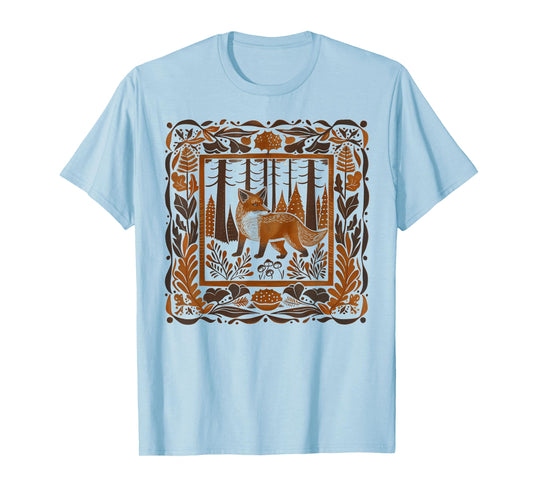 Forestcore Fox Linocut Print - Folklore and Nature Magic T-Shirt