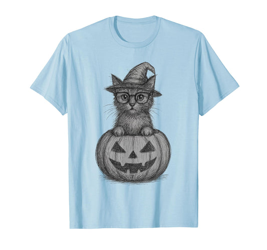 Abstract Scribble Halloween Cat in Pumpkin Witch Hat T-Shirt