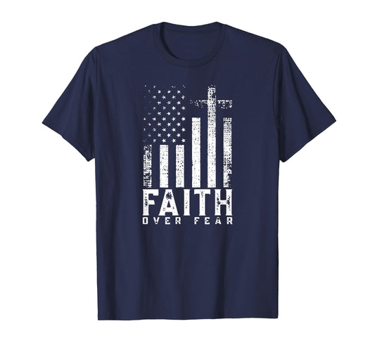 Faith Over Fears Cool Christian Cross American USA Flag Gym T-Shirt for Women Men