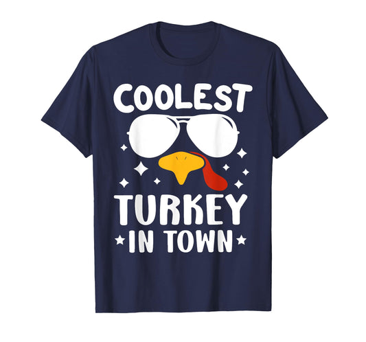 Funny Coolest Turkey In Town Tee Shirt - Unisex Adults Thanksgiving T-Shirt - Black - Small - Short Sleeve - T-Shirt - Solid - Retro - Fall