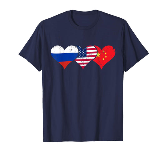 Russia, USA & China Flags – Russian American Chinese Hearts T-Shirt