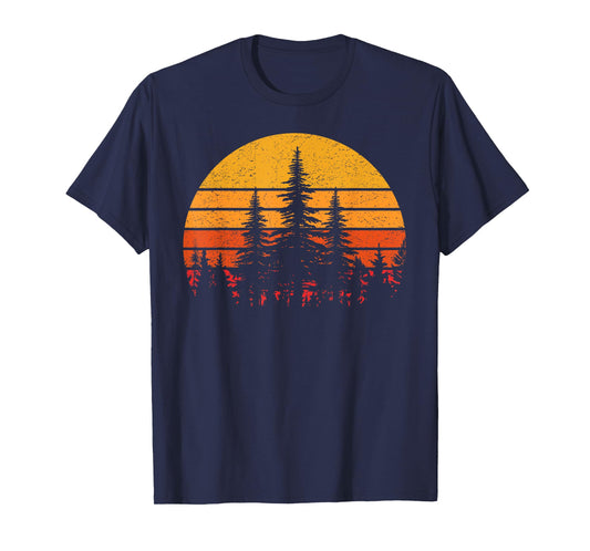 Retro Sun Minimalist Pine Trees Wildlife Nature Forest Man T-Shirt