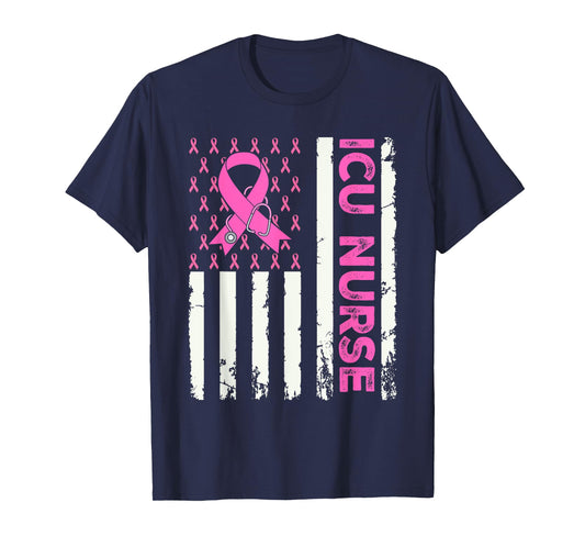 ICU Nurse American Flag Breast Cancer Awareness Pink Ribbon T-Shirt