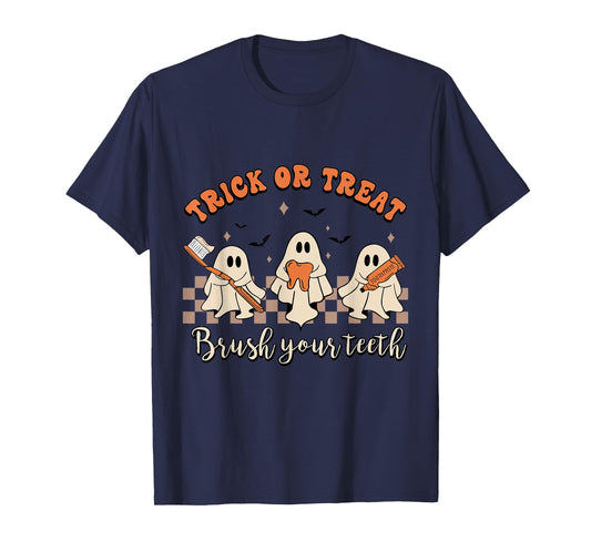 Trick Or Treat Brush Your Teeth Retro Halloween Cute Dentist T-Shirt