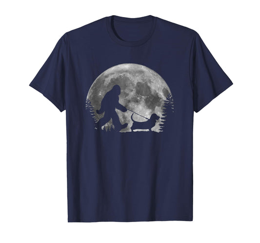 Bigfoot Walking a Dog Funny Basset Hound Moon Halloween T-Shirt for Men Women Kids