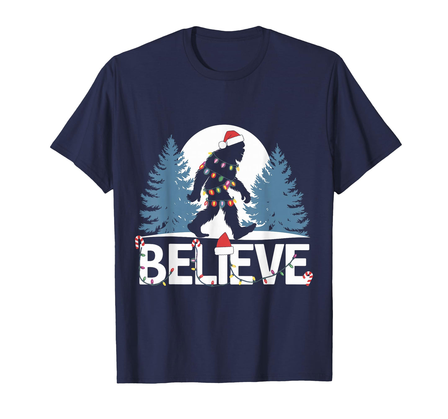 Santa Bigfoot Christmas Lights Funny Sasquatch Believe Xmas T-Shirt