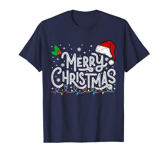 Merry Christmas Lights Red Santa Hat Xmas Family Men Women T-Shirt