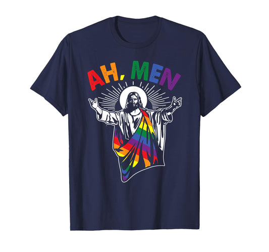 Ah Men Funny LGBT Gay Pride Jesus Rainbow Flag Christian Short Sleeve T-Shirt