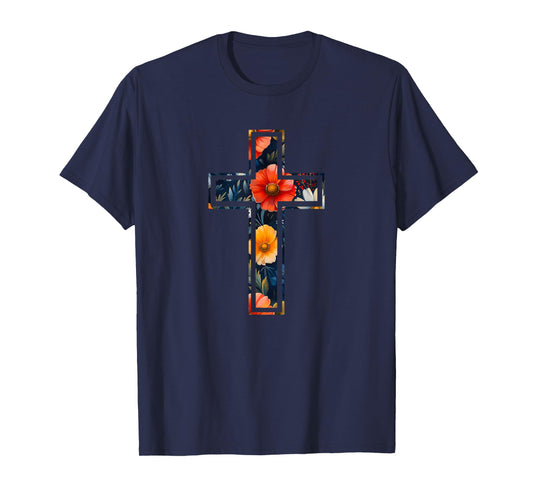 Elegant Silhouette Flowers Faith Floral Christian Cross T-Shirt