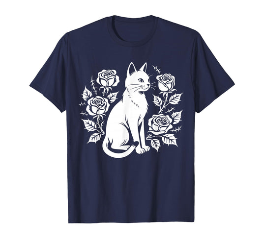 Elegant Cat with Roses Gothic Floral Mystical Vibe T-Shirt