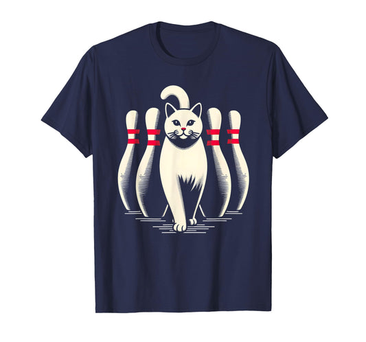 Funny Cat White Playing Bowling Retro Vintage Striking T-Shirt