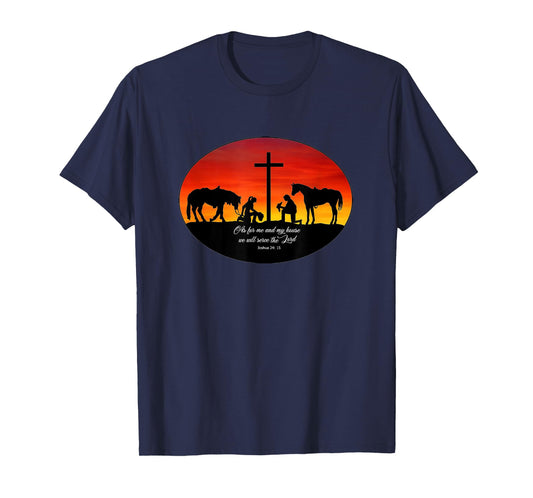 2 Cowhands praying at the Cross sunset. Christian Cowboy T-Shirt