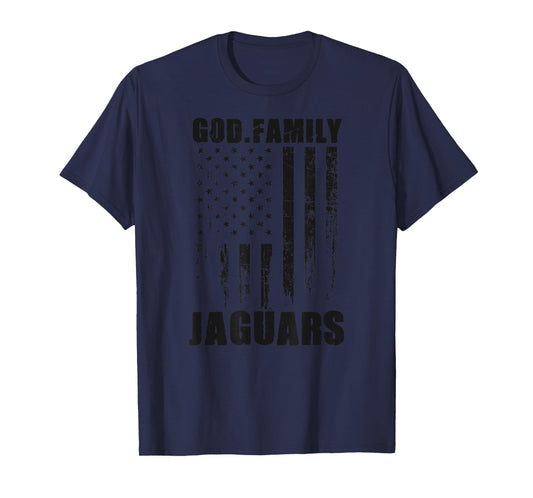 Blue Valley West Jaguars God. Family. Vintage USA Flag T-Shirt