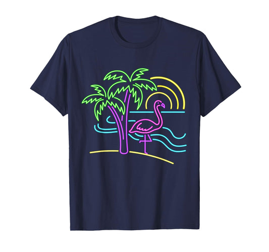 Vintage 80s Pink Flamingo Palm Tree Summer Vacation Beach T-Shirt