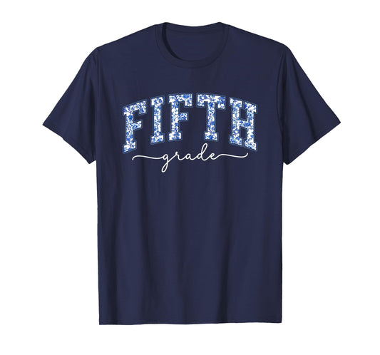 Fifth Grade Coquette Toile Blue Bow Floral Women Teacher T-Shirt