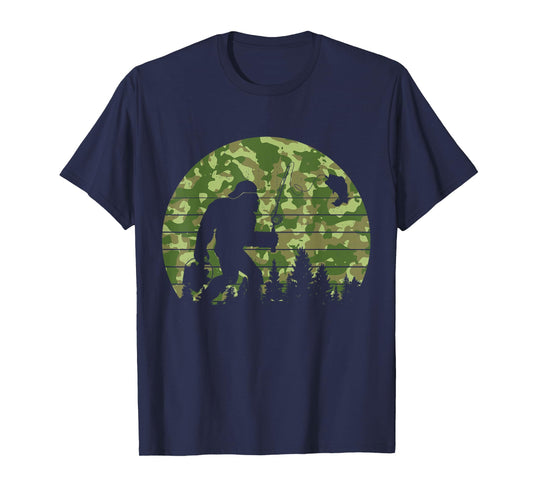 Funny Fishing Men Women Kids Bigfoot Sasquatch Fishing Camo T-Shirt