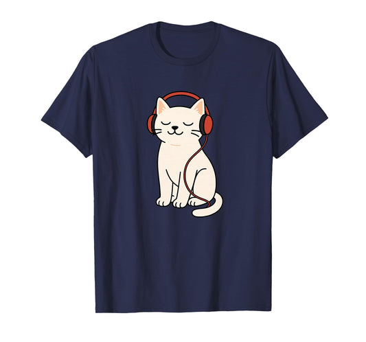 Cute Relaxed White Cat with Headphones Music Cat Lover T-Shirt