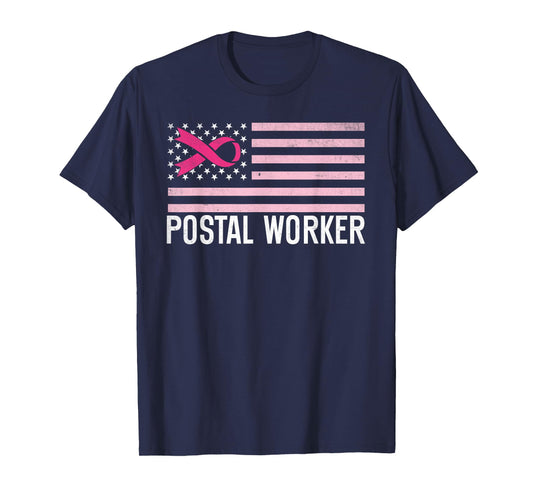 Postal Worker Breast Cancer Awareness Pink Ribbon us flag T-Shirt