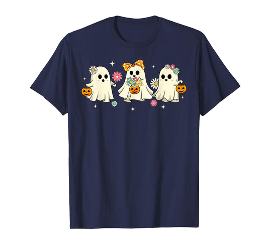 Cute Ghost Groovy Vintage Halloween Spooky Season Floral T-Shirt