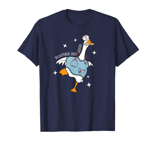 Nurse Silly Goose Pediatric Nurse Appreciation Black Cartoon Humor U-Neck Classic Fit Short Sleeve T-Shirt, Size Small, Unisex-Adult, Nurses, Nursing Students