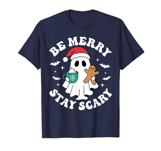 Be Merry Stay Scary Funny Santa Ghost Christmas Halloween T-Shirt
