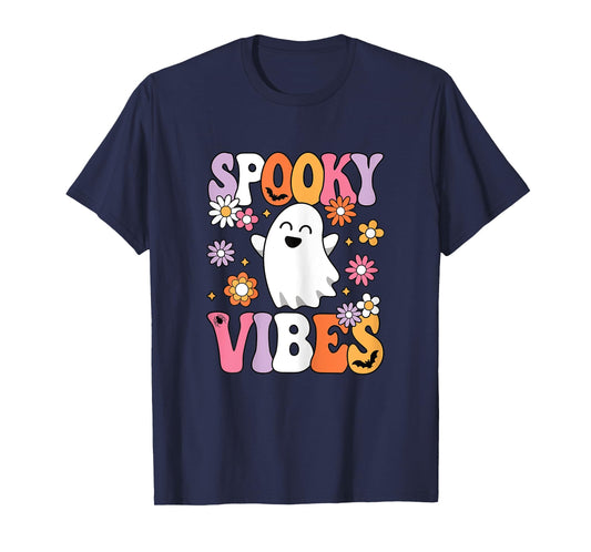 Spooky Vibes Groovy Halloween Ghost Women Girls Teens Kids T-Shirt