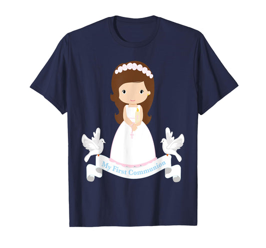 First Communion Shirt Kids Rosary Girls Daughter Brown Hair T-Shirt