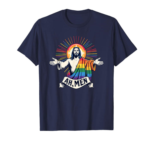 Ah Men Funny LGBT Gay Pride Jesus Rainbow Flag Christian T-Shirt