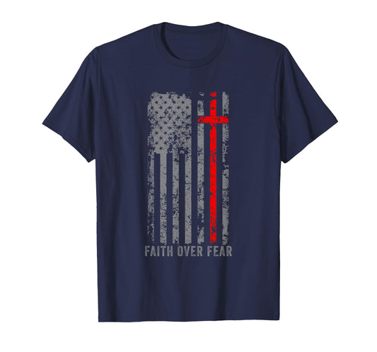 Faith Over Fears Cool Christian Cross Gym American USA Flag T-Shirt