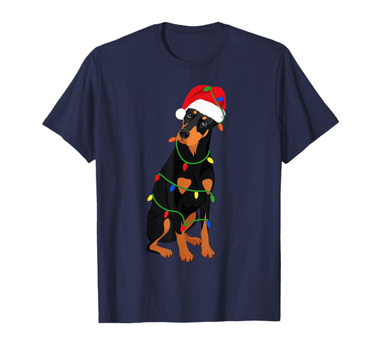 Doberman Pinscher Christmas Tree Lights Holiday Dog Lover T-Shirt