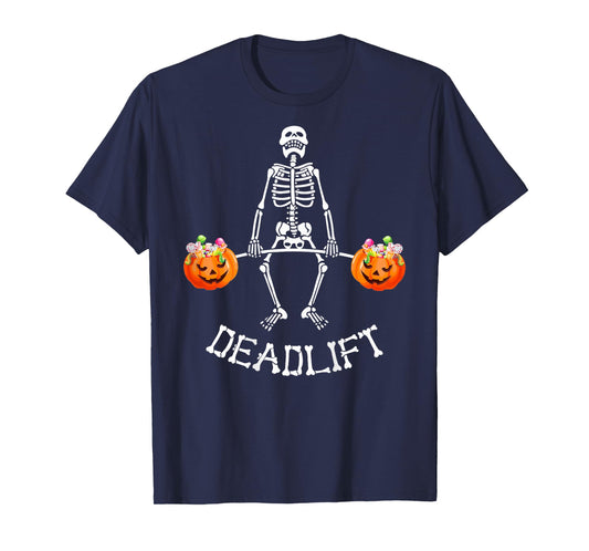 Skeleton Dead Lift Candy Buckets Halloween Workout On Back T-Shirt